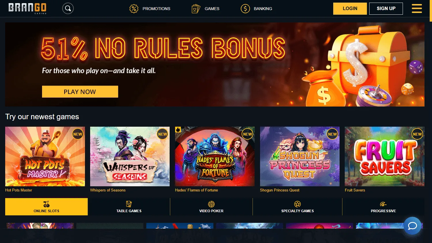Brango Casino desktop games area with casino categories and game choices