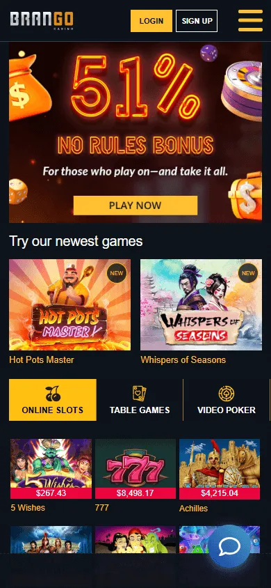 Brango Casino mobile games area with casino categories on a smartphone