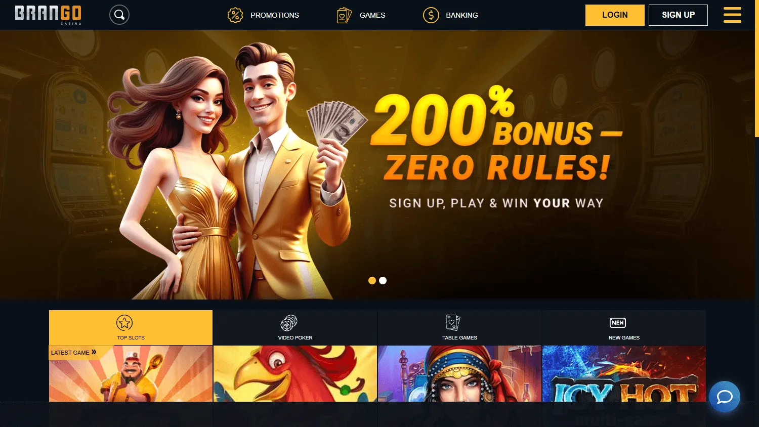 Brango Casino desktop home screen with casino services and promotional options